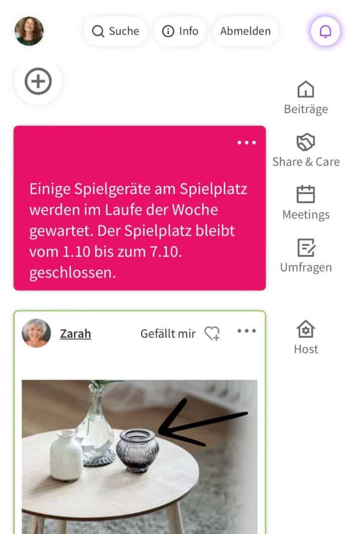 Screenshot: angehefteter Hinweis zur Spielplatz-Wartung