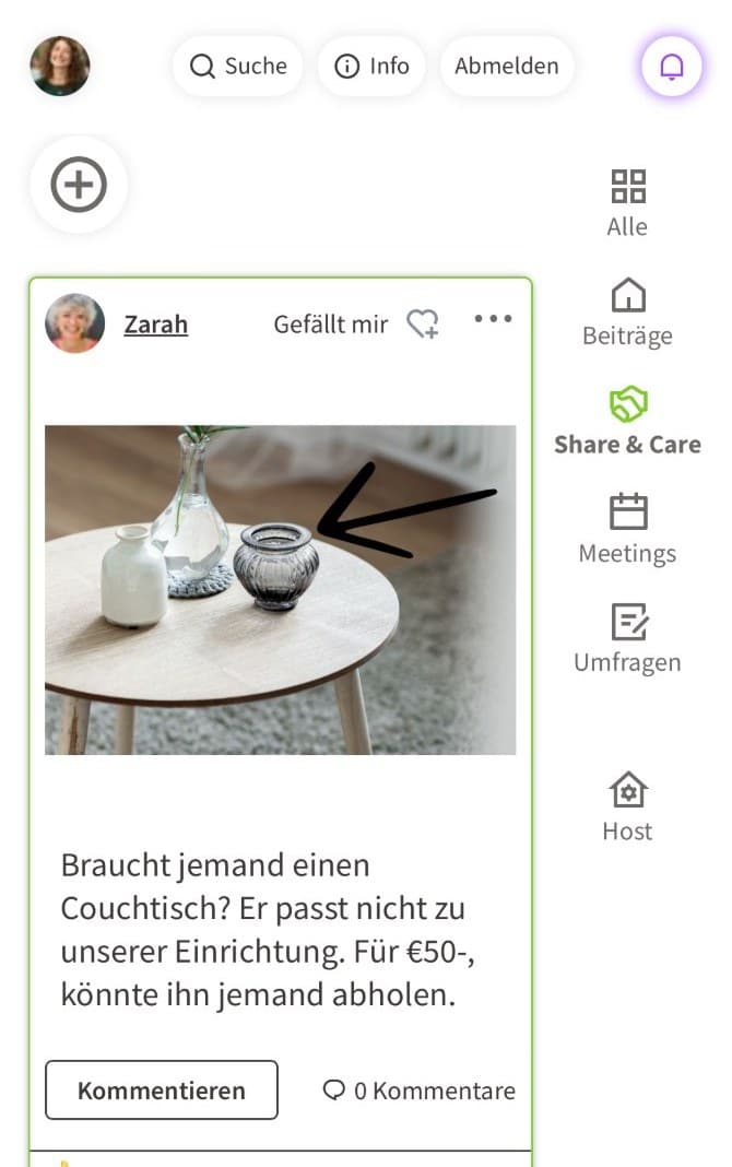 Screenshot: Share-&-Care-Beitrag im Feed – ein Couchtisch wird angeboten