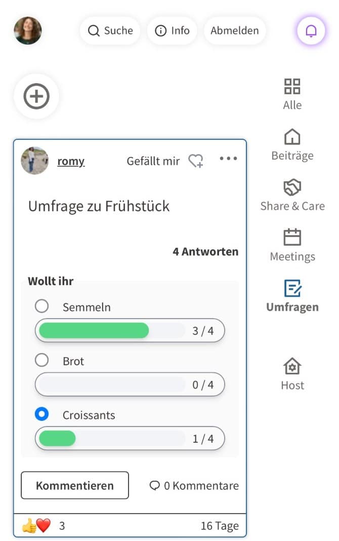 Screenshot: Umfrage im Feed mit Ergebnisbalken