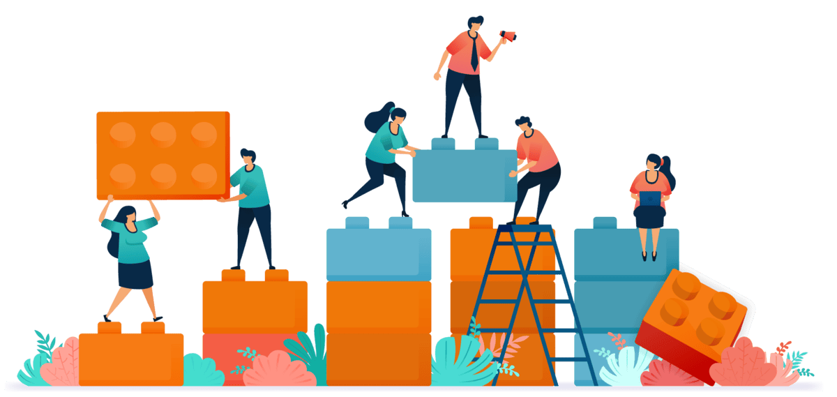 Illustration: Menschen bauen gemeinsam aus bunten Bausteinen